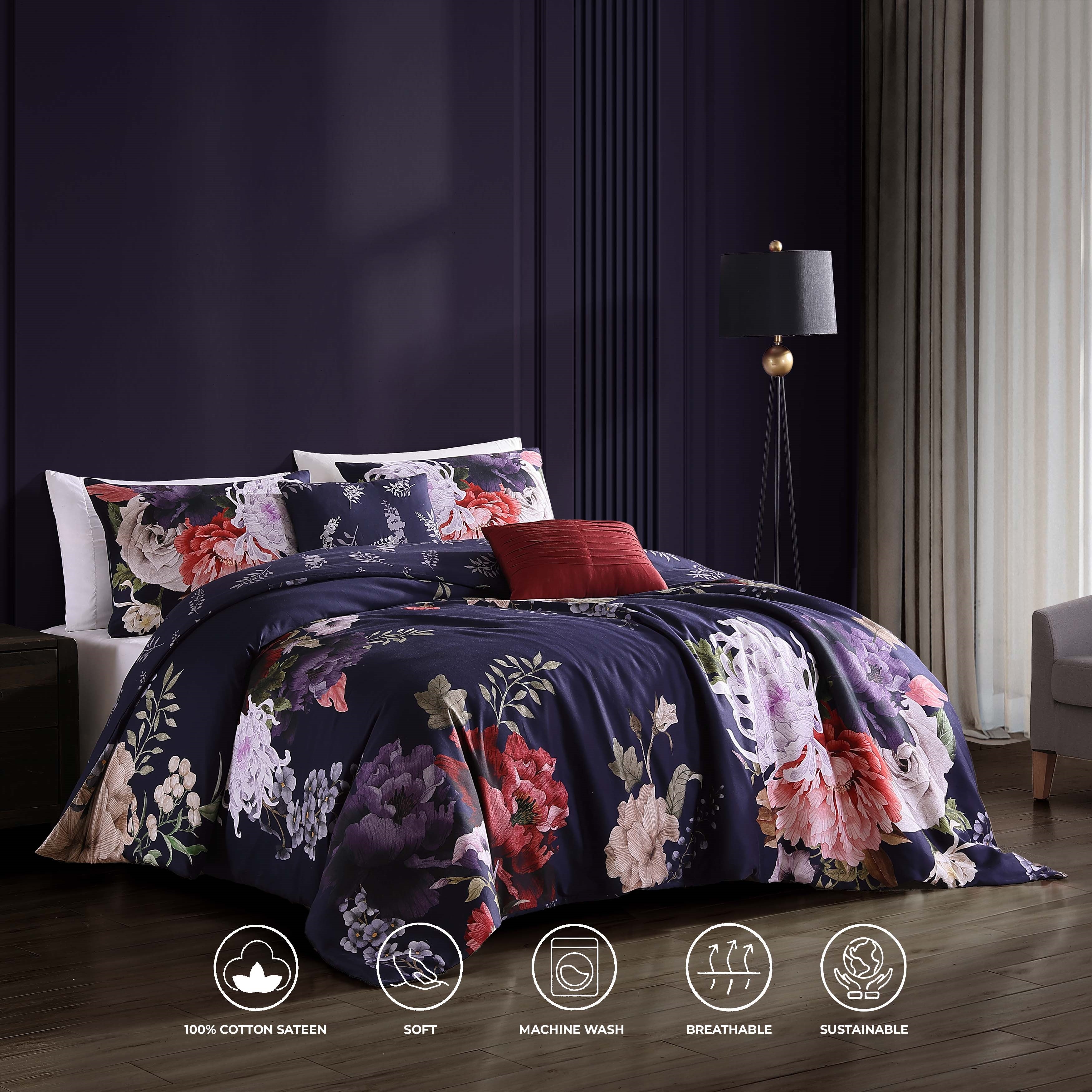  Bebejan Deep Purple Garden 100% Cotton 5-Piece Reversible Comforter Set - QUEEN - Bonton