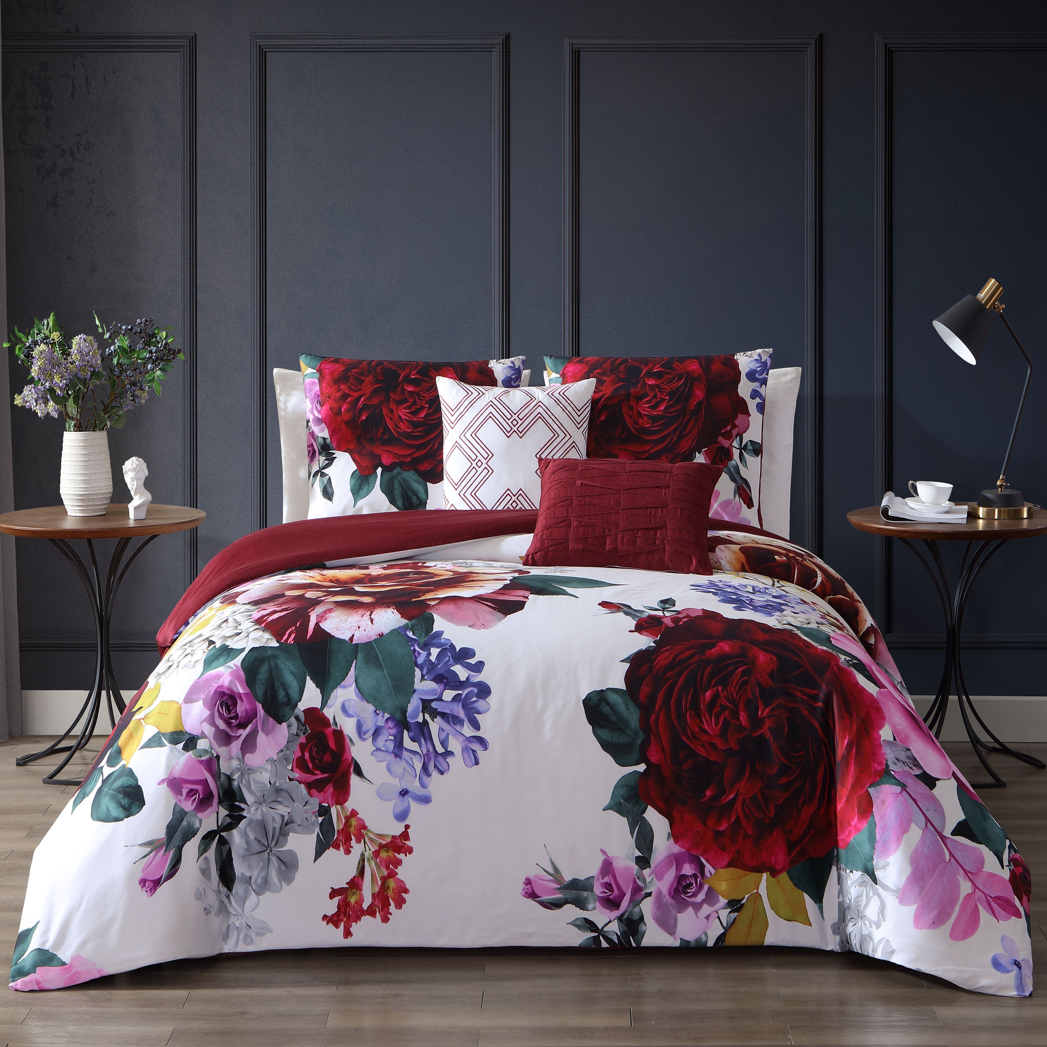  Bebejan Magenta Floral 100% Cotton 5 Piece Reversible Comforter Set - QUEEN - Bonton