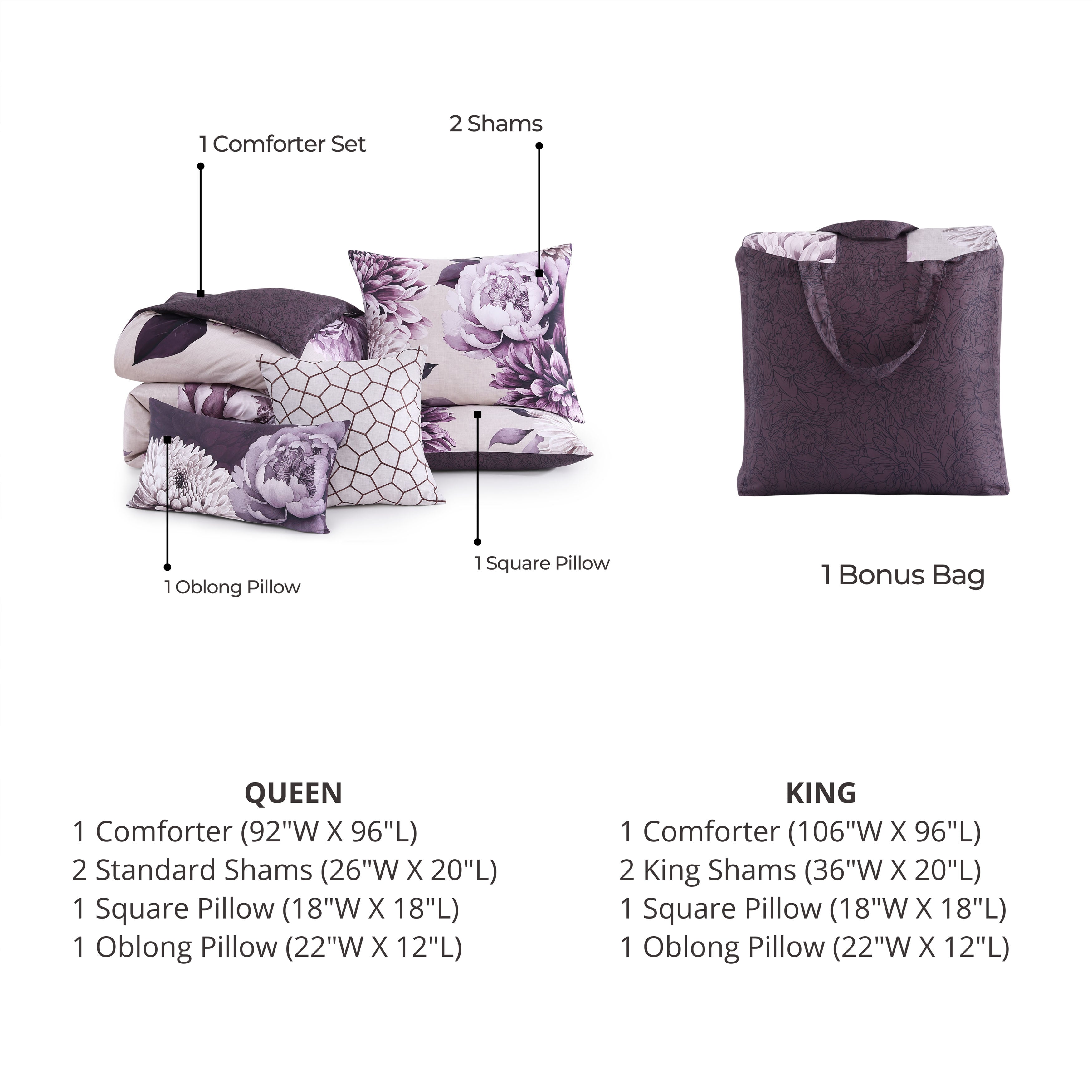  Bebejan Dahlia Purple 100% Cotton 5-Piece Reversible Comforter Set - QUEEN - Bonton