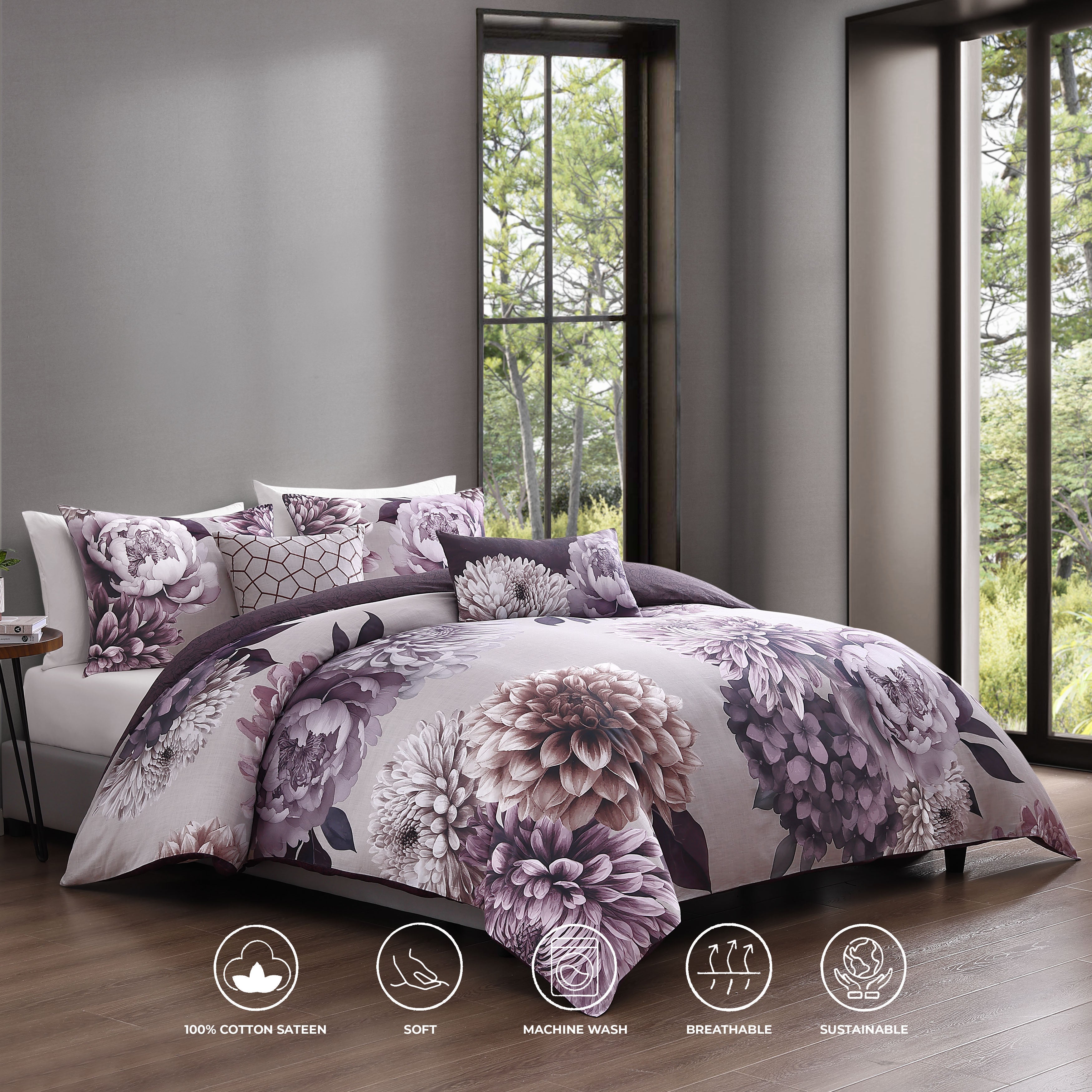  Bebejan Dahlia Purple 100% Cotton 5-Piece Reversible Comforter Set - QUEEN - Bonton