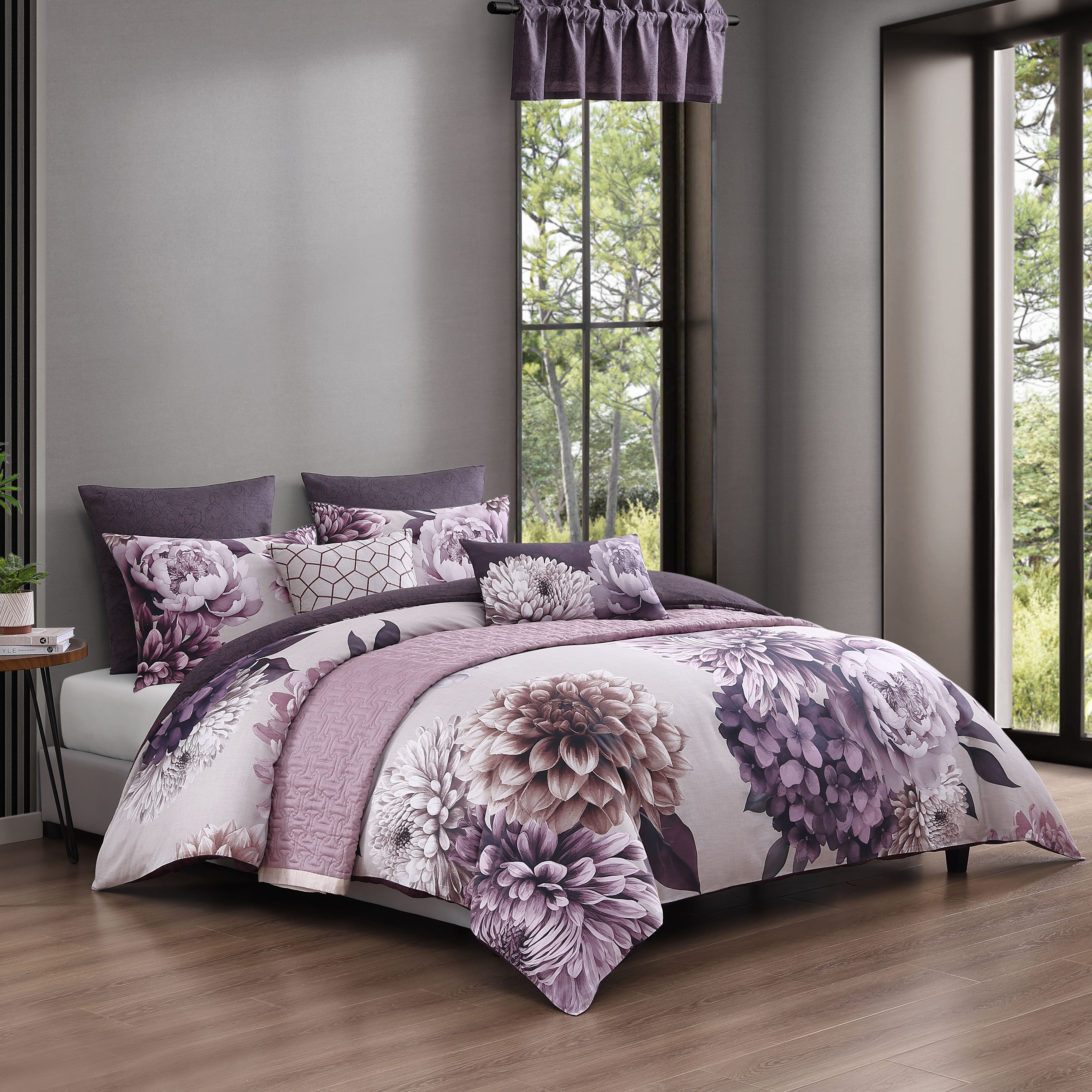  Bebejan Dahlia Purple 100% Cotton 5-Piece Reversible Comforter Set - QUEEN - Bonton