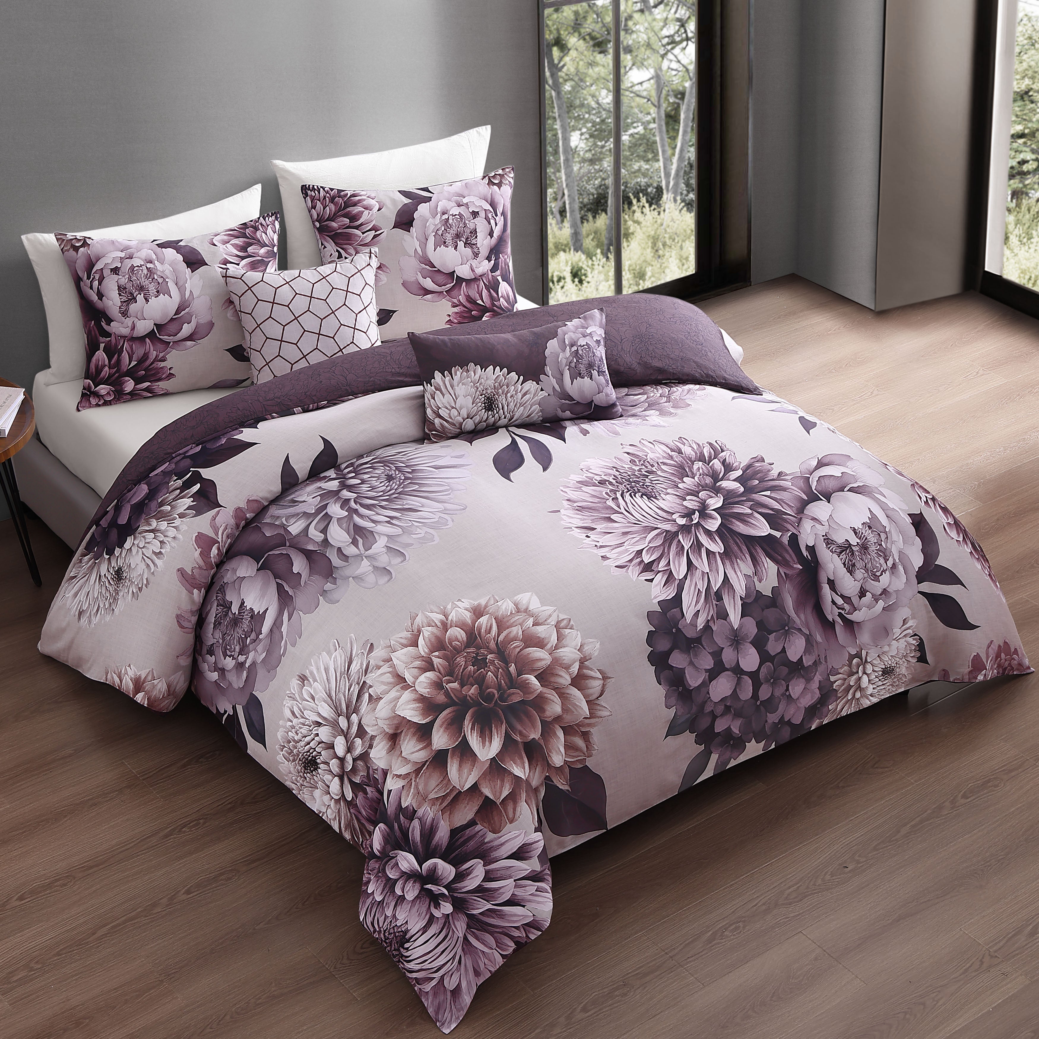  Bebejan Dahlia Purple 100% Cotton 5-Piece Reversible Comforter Set - QUEEN - Bonton