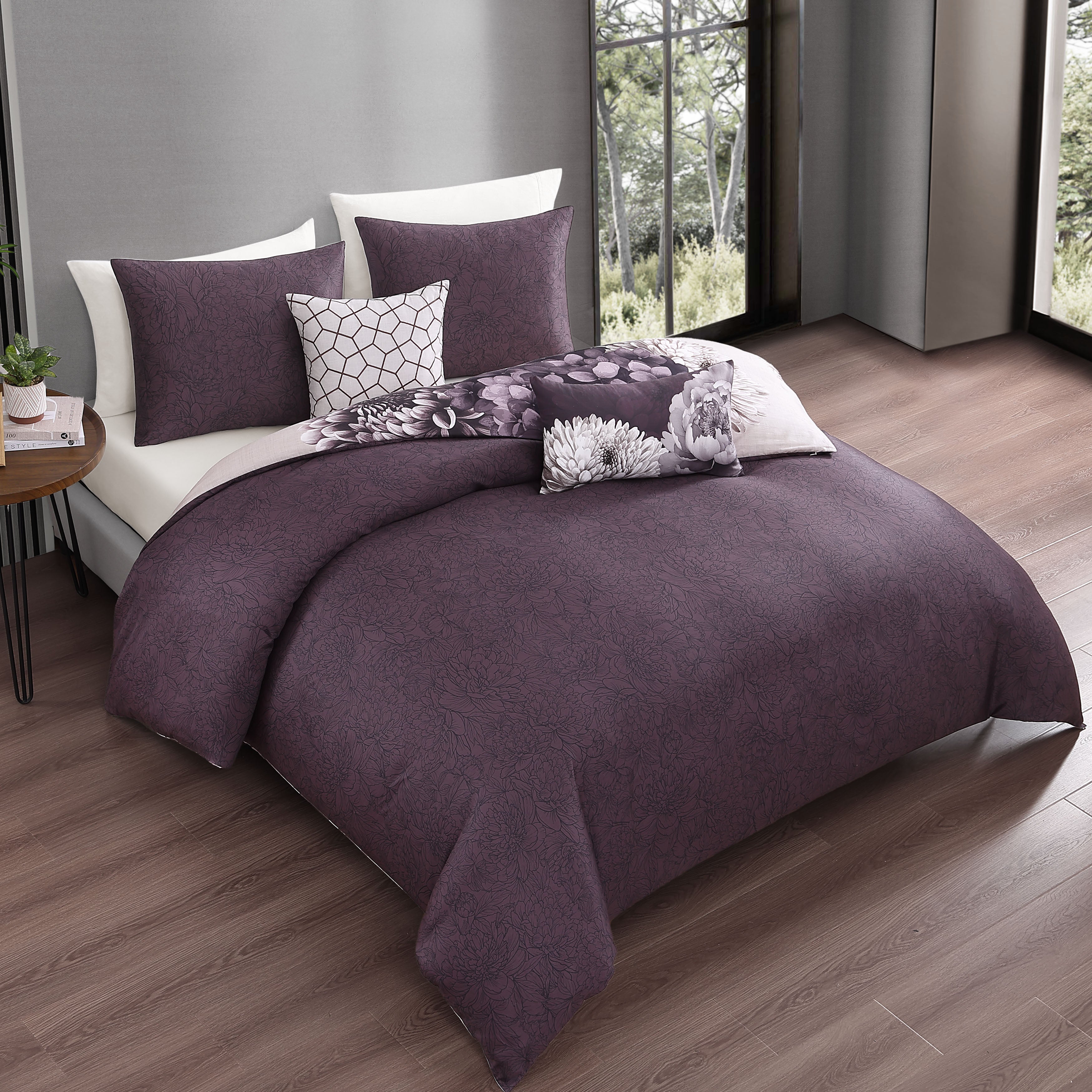  Bebejan Dahlia Purple 100% Cotton 5-Piece Reversible Comforter Set - QUEEN - Bonton