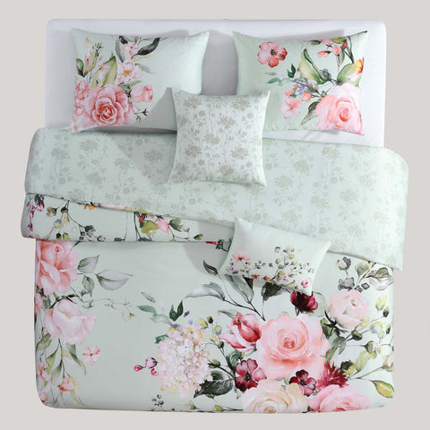 Rose on Misty Green 100% Cotton 5-Piece Reversible Comforter Set
