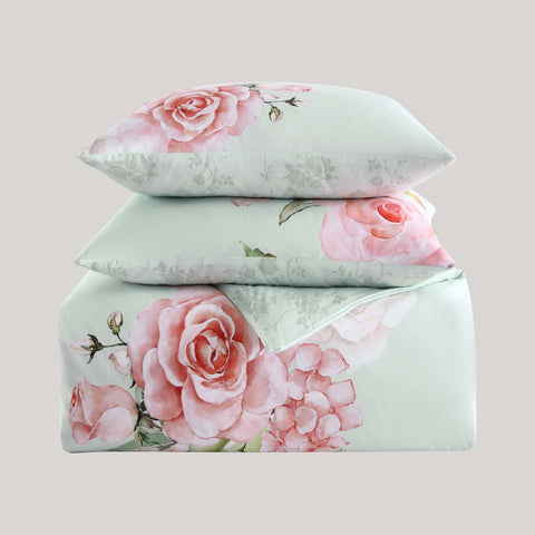 Rose on Misty Green 100% Cotton 5-Piece Reversible Comforter Set