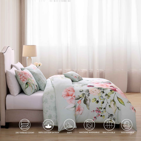 Rose on Misty Green 100% Cotton 5-Piece Reversible Comforter Set