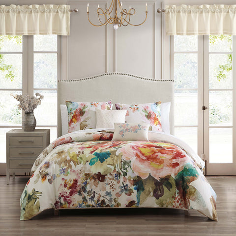 Antique Flowers Ivory 100% Cotton 5-Piece Reversible Comforter Set
