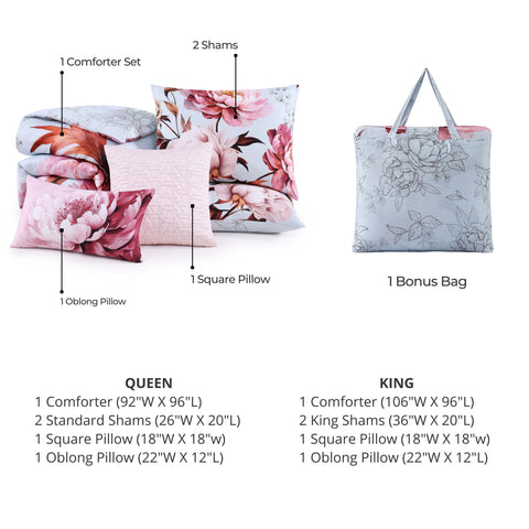 Blooming Peonies 5 Piece Reversible Comforter Set