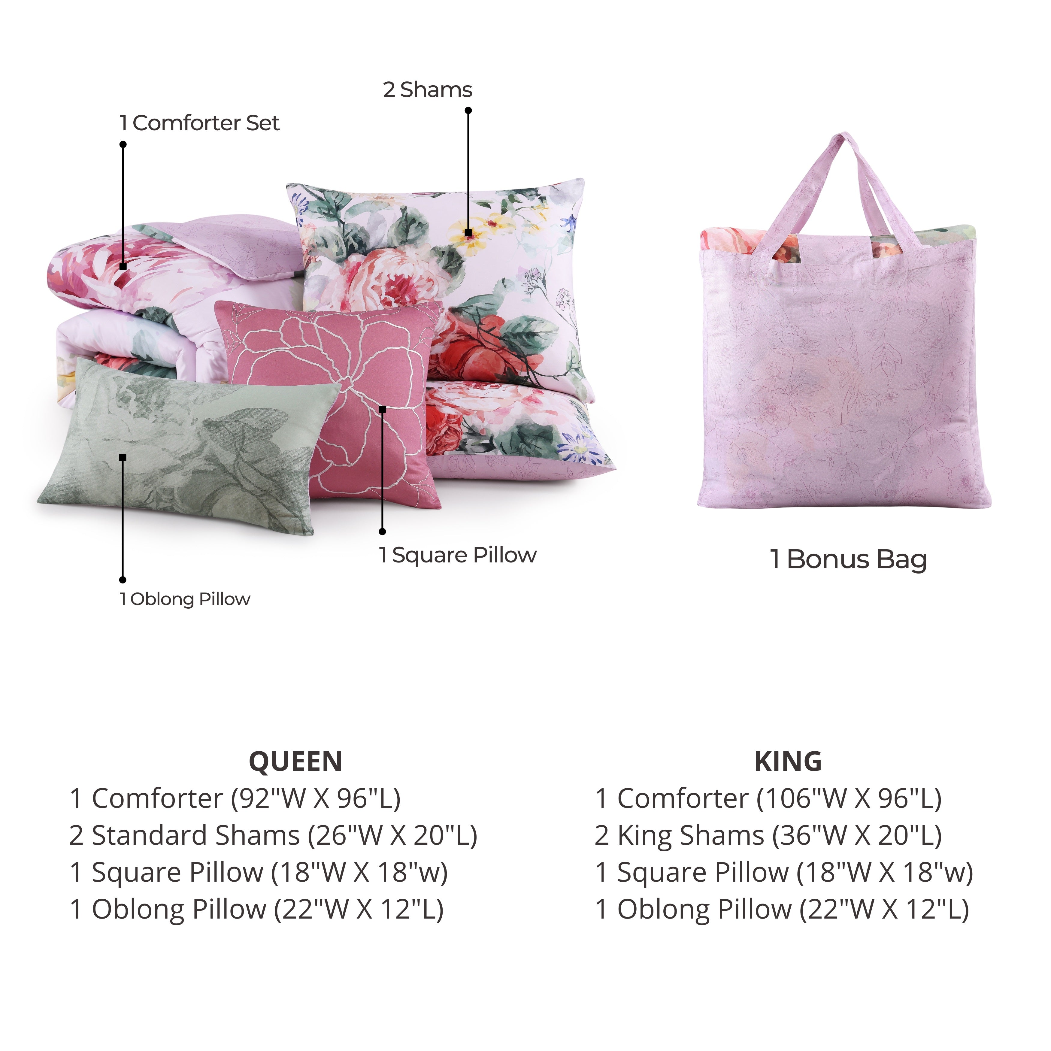  Bebejan Cool Pink Roses 5 Piece Reversible Comforter Set - Queen - Bonton