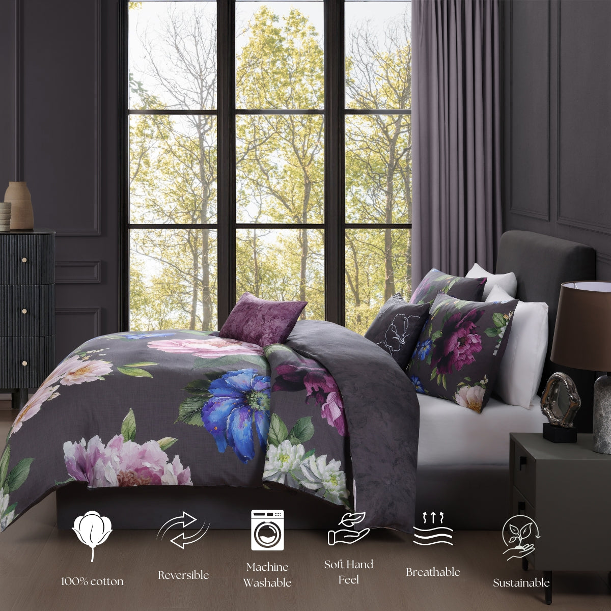  Bebejan Elegant Blossoms 5 Piece Reversible Comforter Set - QUEEN - Bonton