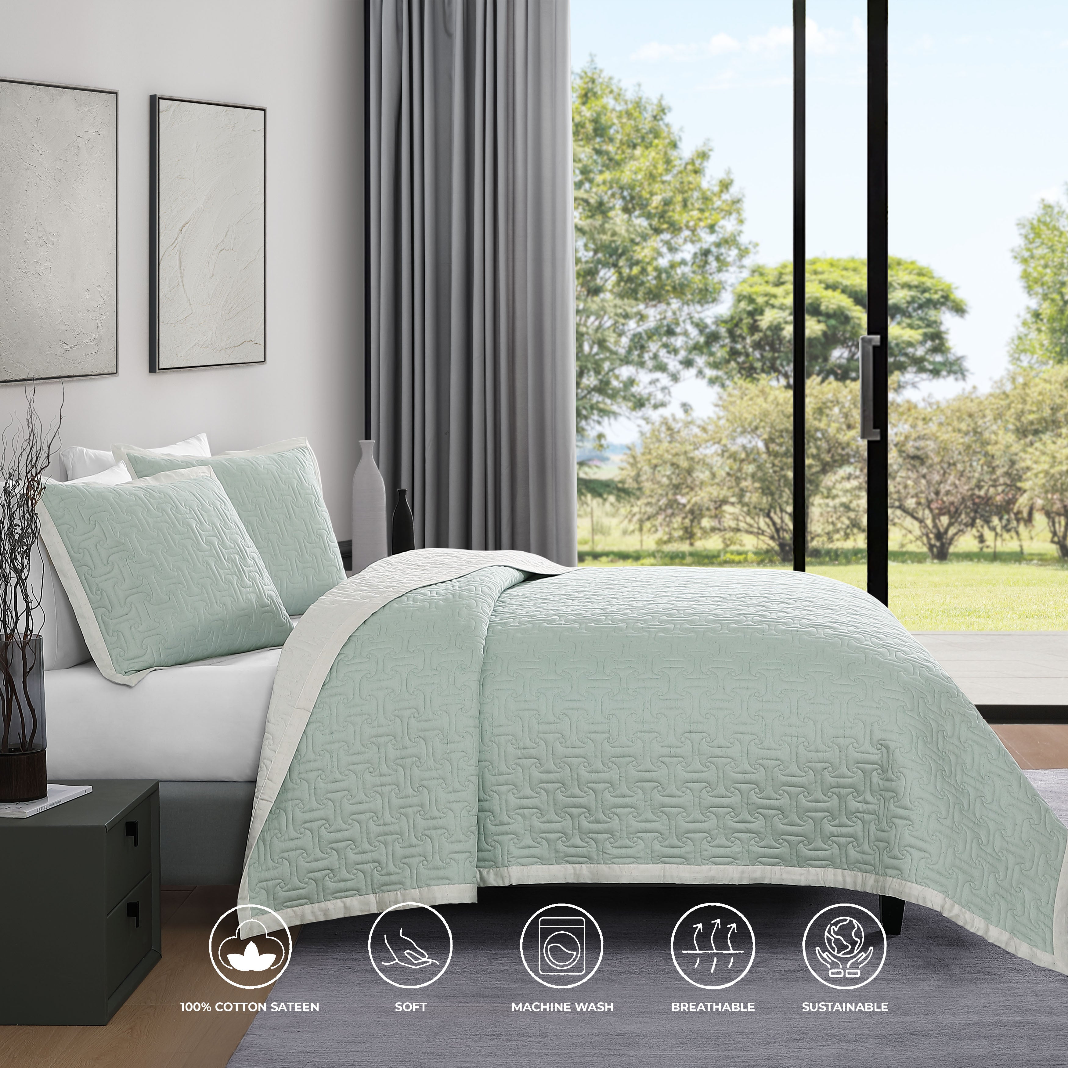  Bebejan Bebejan 3 Piece Textured Quilted Coverlet Set - SAGE/IVORY - Bonton