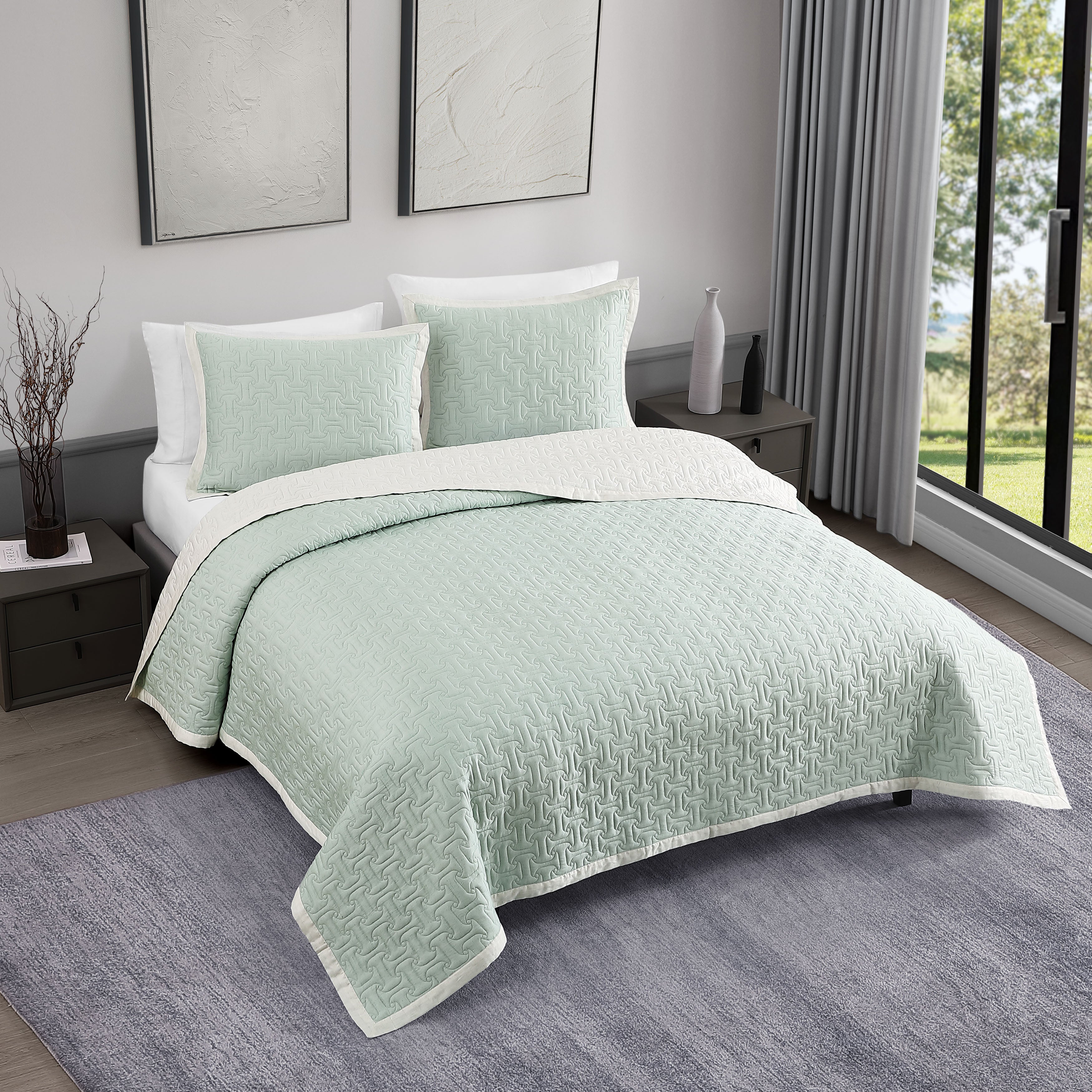  Bebejan Bebejan 3 Piece Textured Quilted Coverlet Set - SAGE/IVORY - Bonton