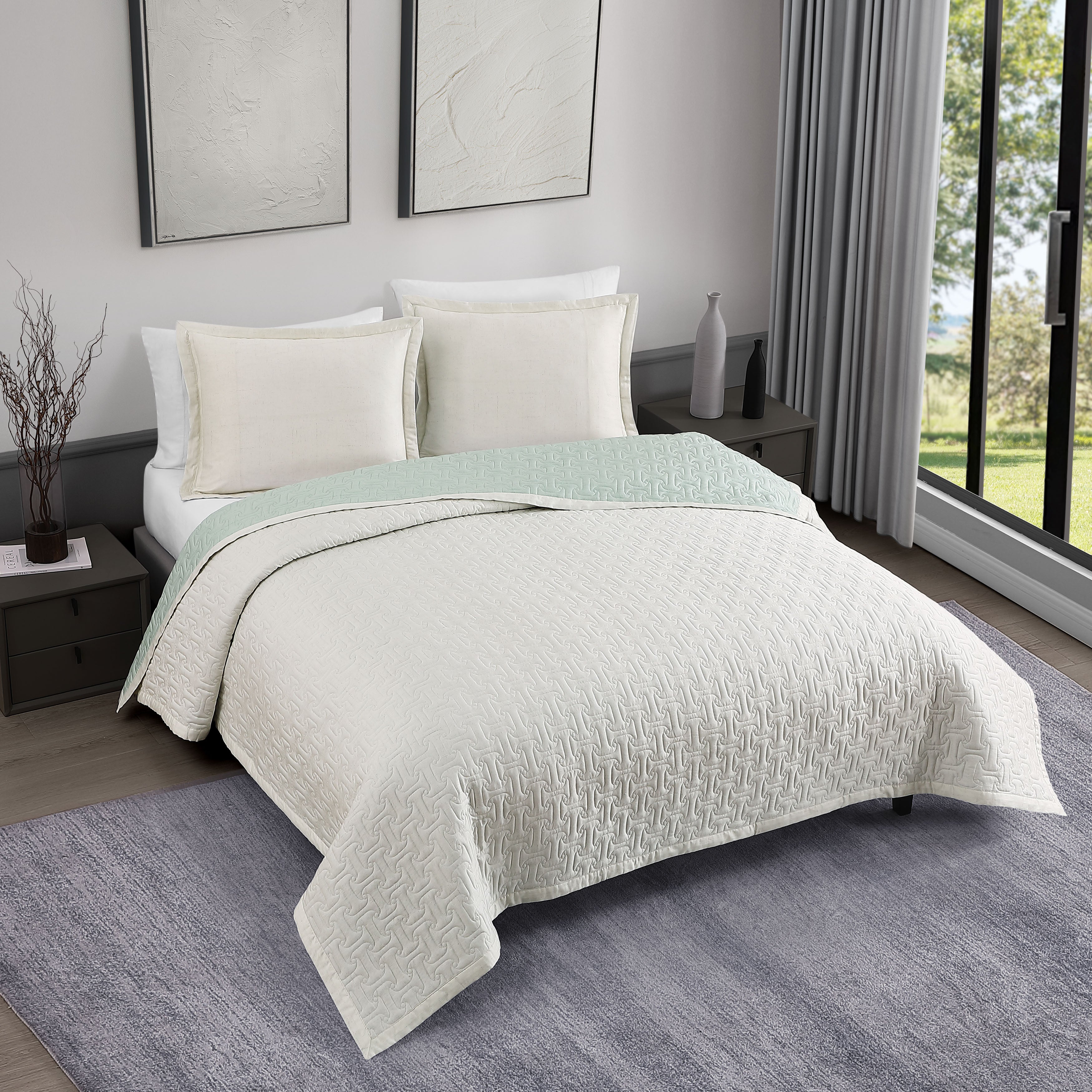  Bebejan Bebejan 3 Piece Textured Quilted Coverlet Set - SAGE/IVORY - Bonton