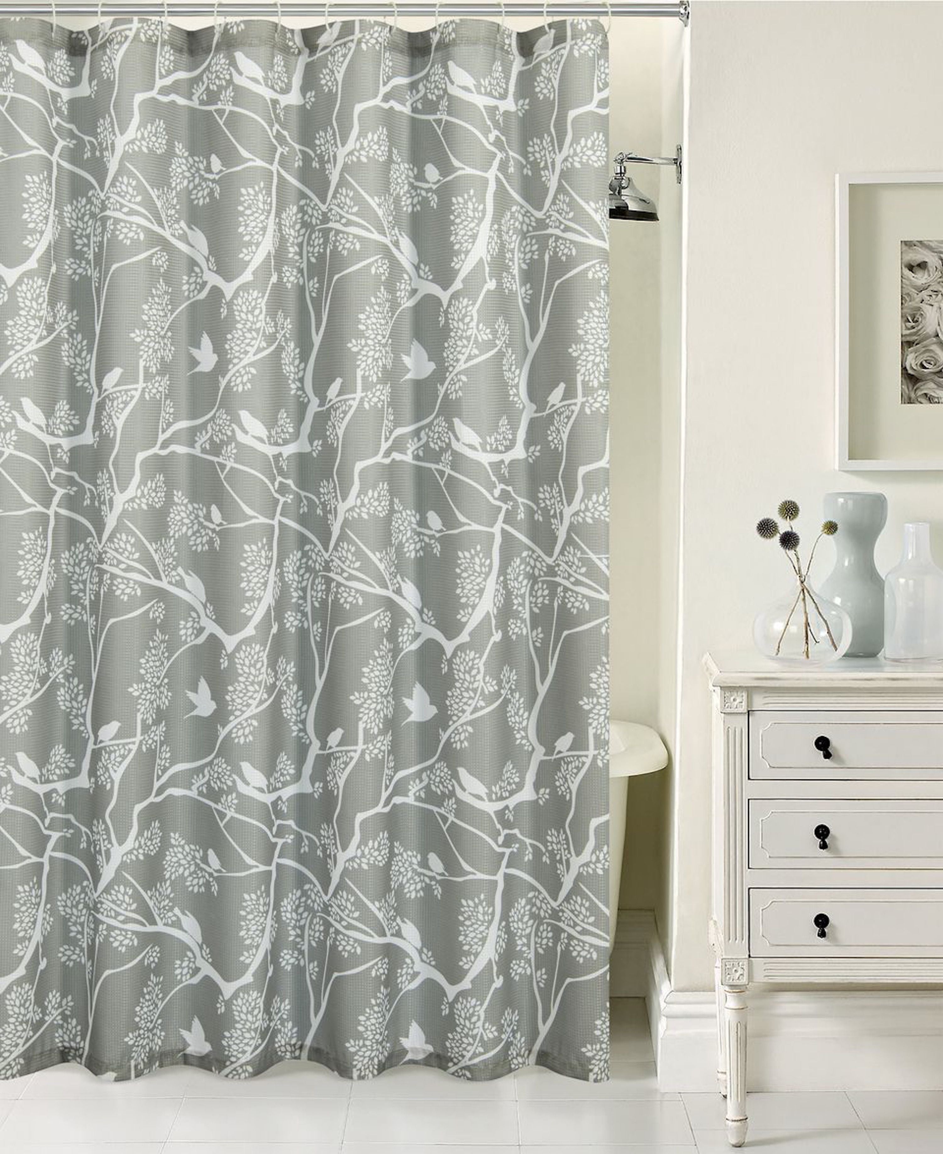  Dainty Home Birds Shower Curtain with Hooks 13 Piece Set - Silver - Bonton