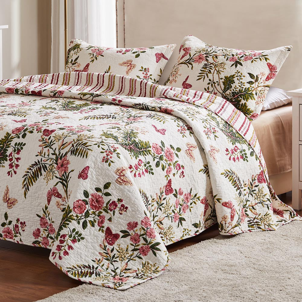  Greenland Home Fashions Butterflies Floral & Stripes Reversible Quilt Set - Multi - Bonton