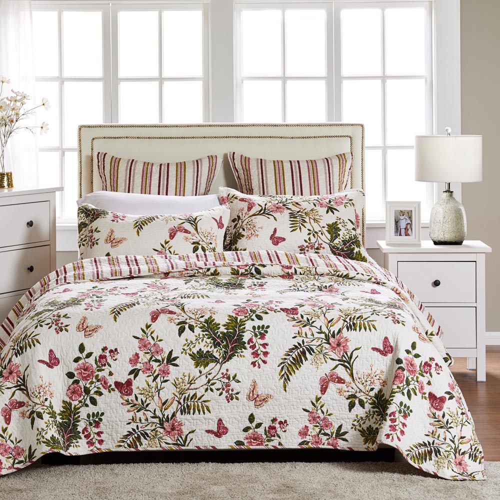  Greenland Home Fashions Butterflies Floral & Stripes Reversible Quilt Set - Multi - Bonton