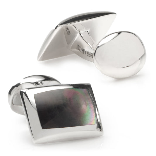 Sterling Silver Oblong Cufflinks With Grey Mother-of-Pearl Inlay