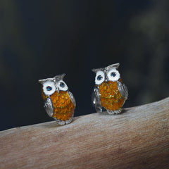 Sterling Silver Brown Owl Enamel Cufflinks and Stud Set