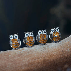 Sterling Silver Brown Owl Enamel Cufflinks and Stud Set