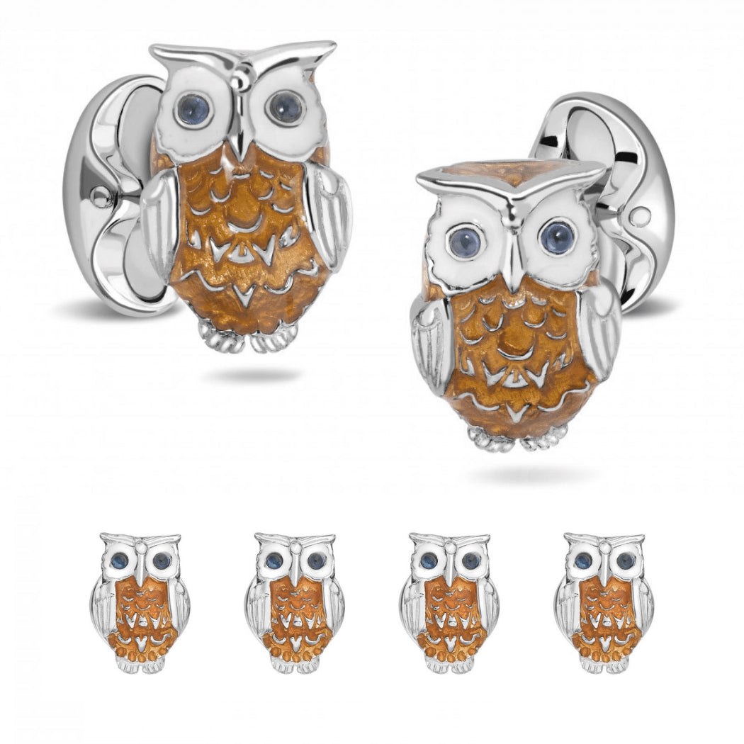  Cufflinks Sterling Silver Brown Owl Enamel Cufflinks and Stud Set - Default Title - Bonton