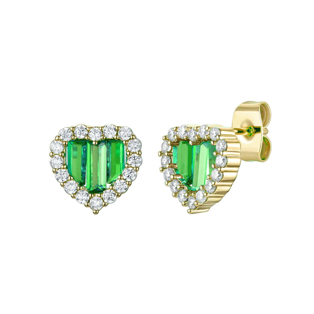  Genevive Young Adult 14k Yellow Gold Plated With Colored Cubic Zirconia Baguette Heart Halo Stud Earring - Green - Bonton