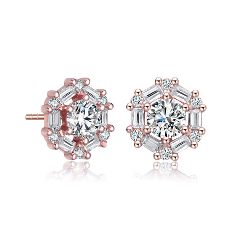 Ga Rhodium Plated With Round Baguette Cubic Zirconia Stud Earrings