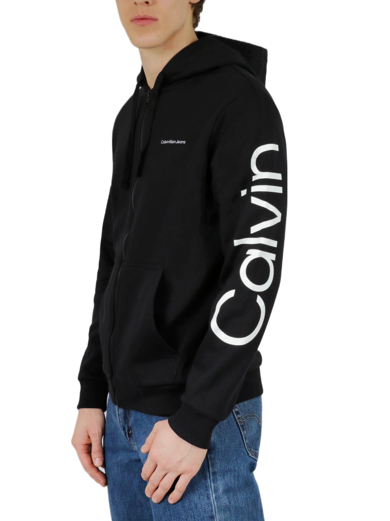  Calvin Klein Long Sleeves Traveling Logo Full Zip Hoodie - Black Beauty - Bonton