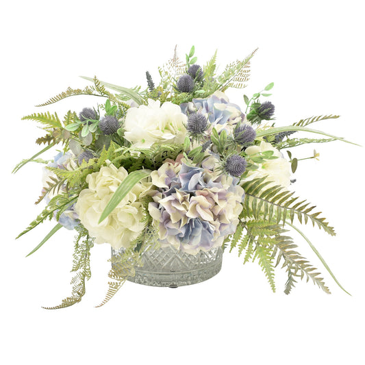 Hydrangea, Ferns and Hops Arranged in a Crystal Bowl Vase