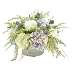 Hydrangea, Ferns and Hops Arranged in a Crystal Bowl Vase