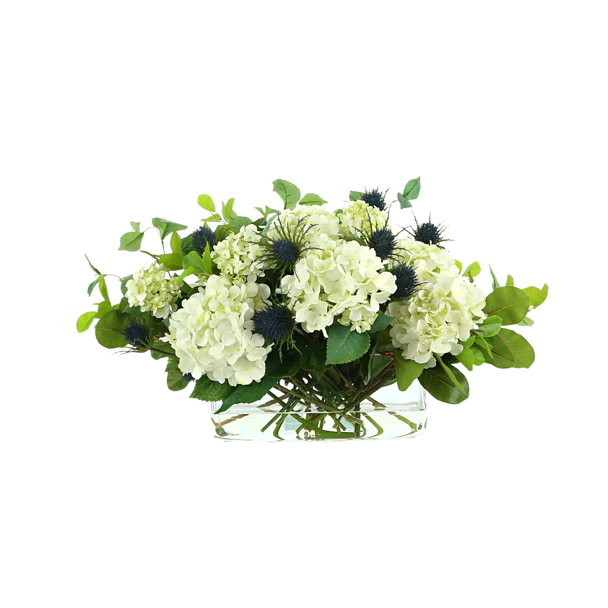  Creative Displays Hydrangea and Thistle Floral Arrangement in a Rectangular Glass Vase - White - Bonton