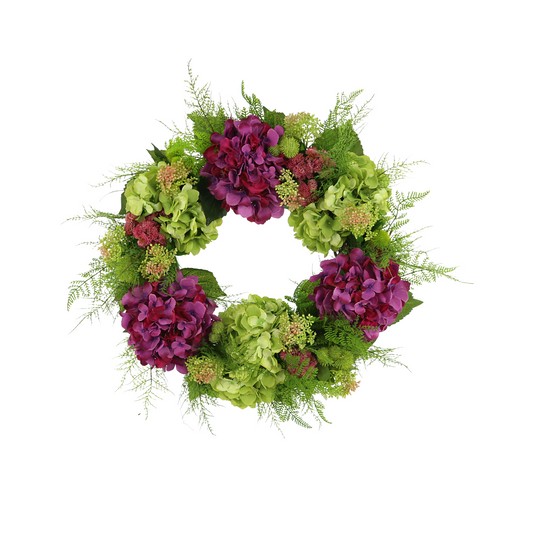 28" Assorted Hydrangea Wreath with Sedum and Fern Leaves