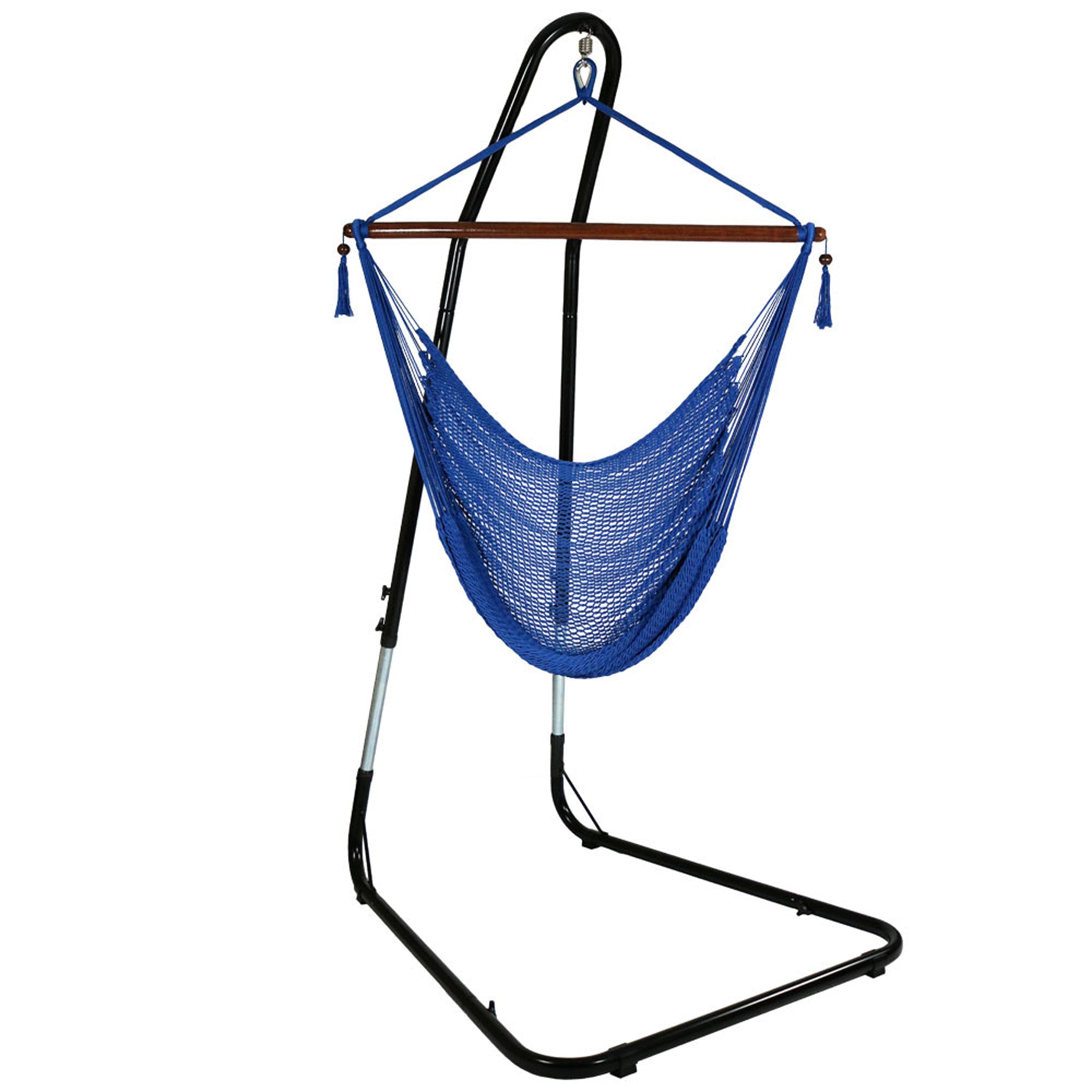  Sunnydaze Decor Caribbean Style Extra Large Hanging Rope Hammock Chair Swing with Adjustable Stand - Blue - Bonton