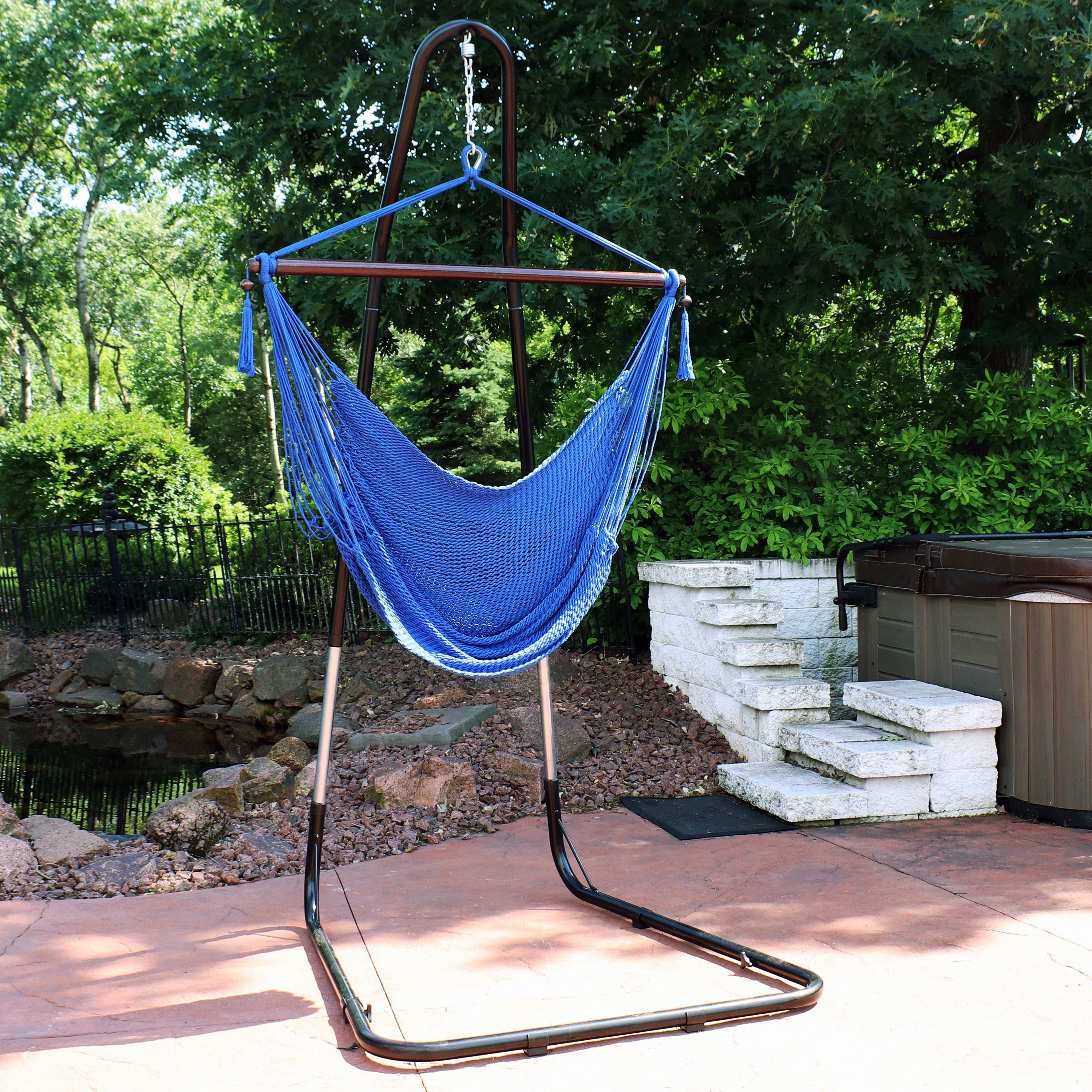  Sunnydaze Decor Caribbean Style Extra Large Hanging Rope Hammock Chair Swing with Adjustable Stand - Mocha - Bonton