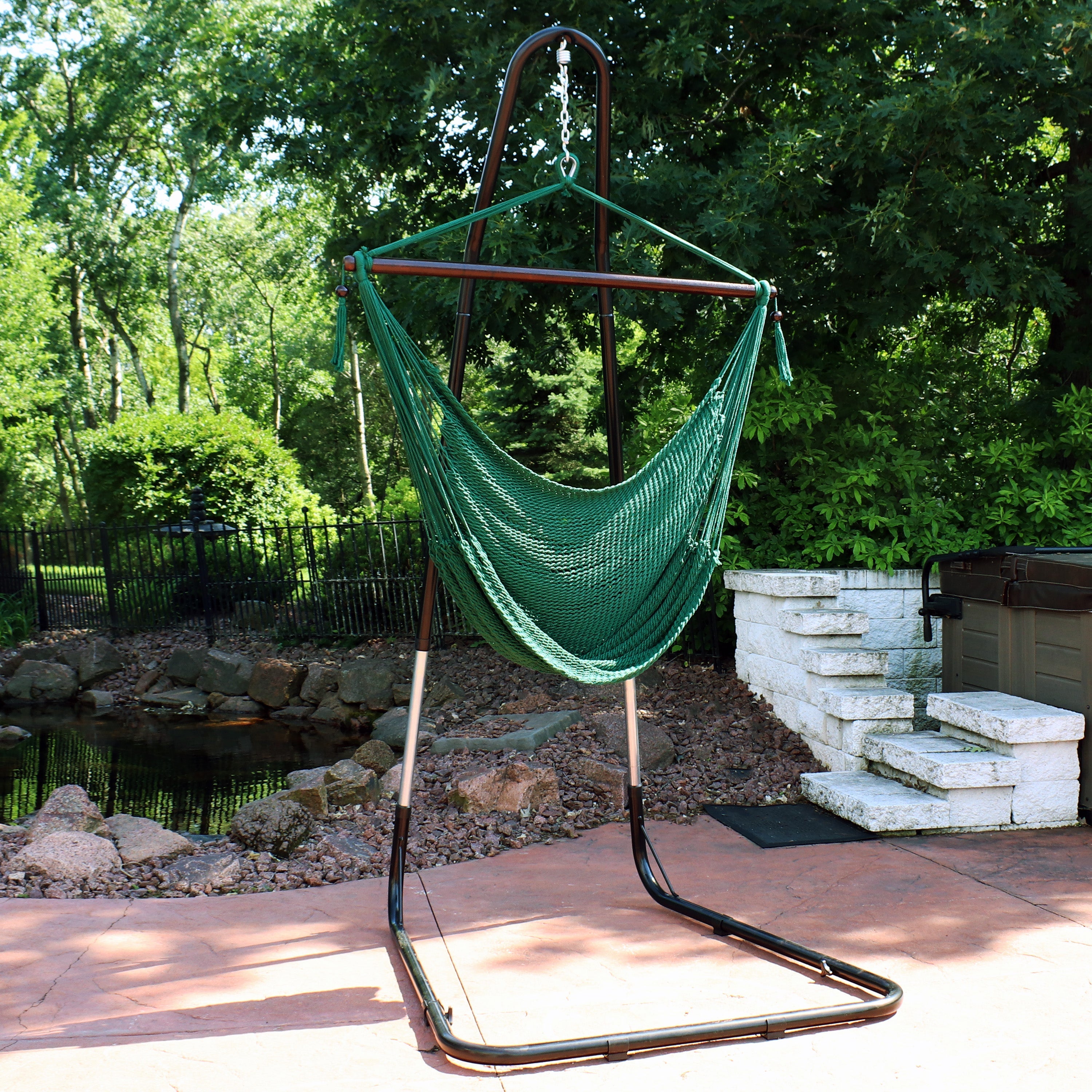  Sunnydaze Decor Caribbean Style Extra Large Hanging Rope Hammock Chair Swing with Adjustable Stand - Mocha - Bonton