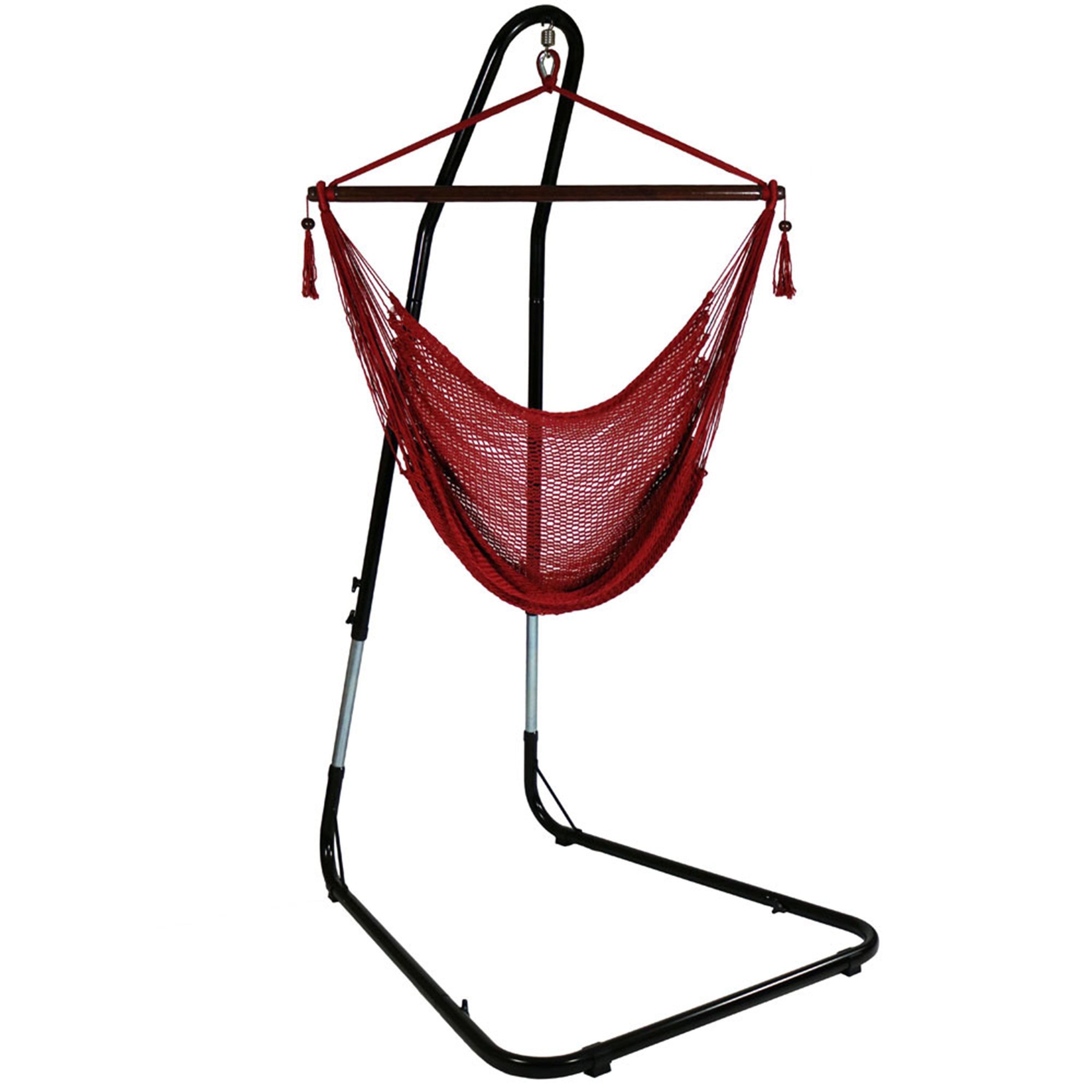  Sunnydaze Decor Caribbean Style Extra Large Hanging Rope Hammock Chair Swing with Adjustable Stand - Red - Bonton