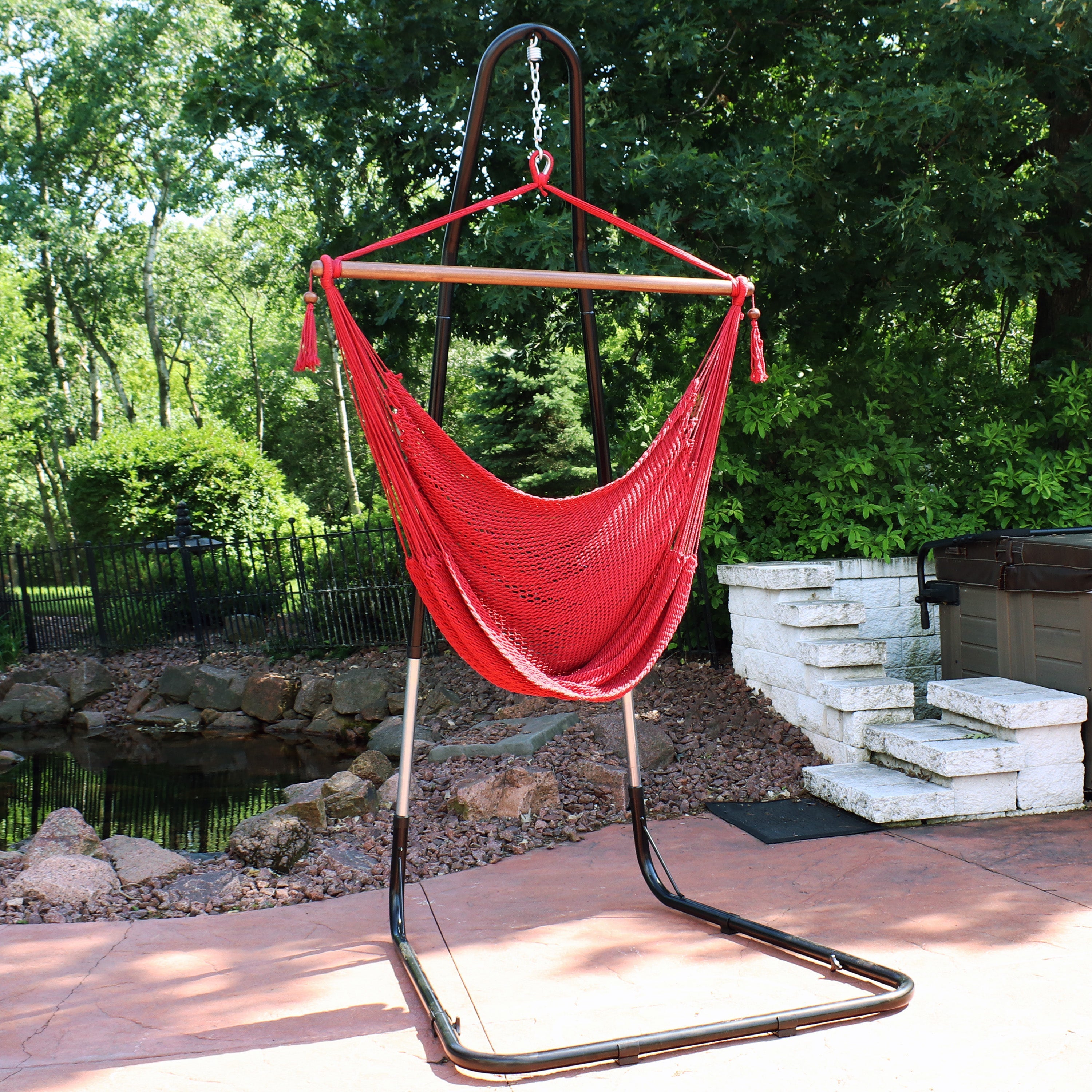  Sunnydaze Decor Caribbean Style Extra Large Hanging Rope Hammock Chair Swing with Adjustable Stand - Red - Bonton