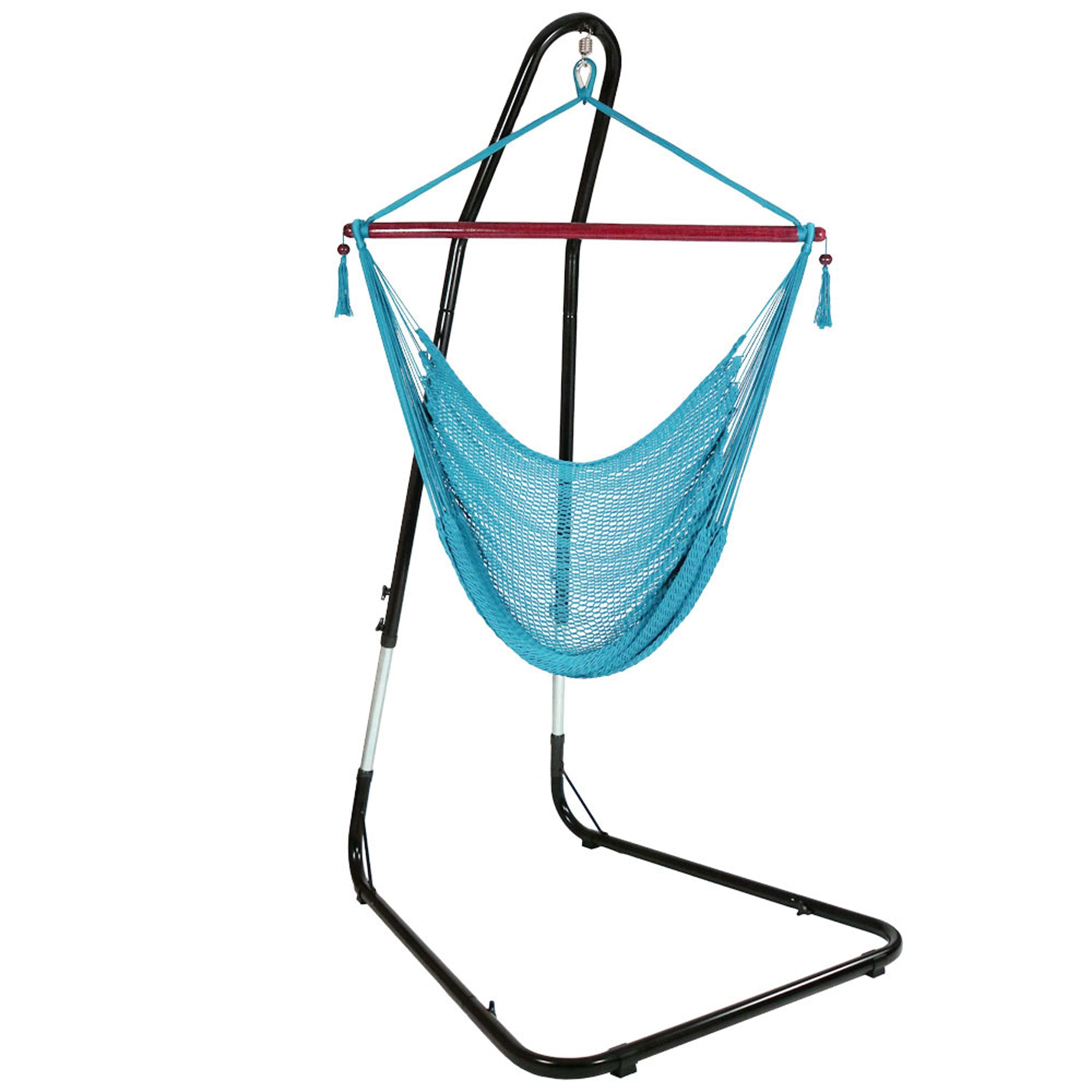  Sunnydaze Decor Caribbean Style Extra Large Hanging Rope Hammock Chair Swing with Adjustable Stand - Sky Blue - Bonton