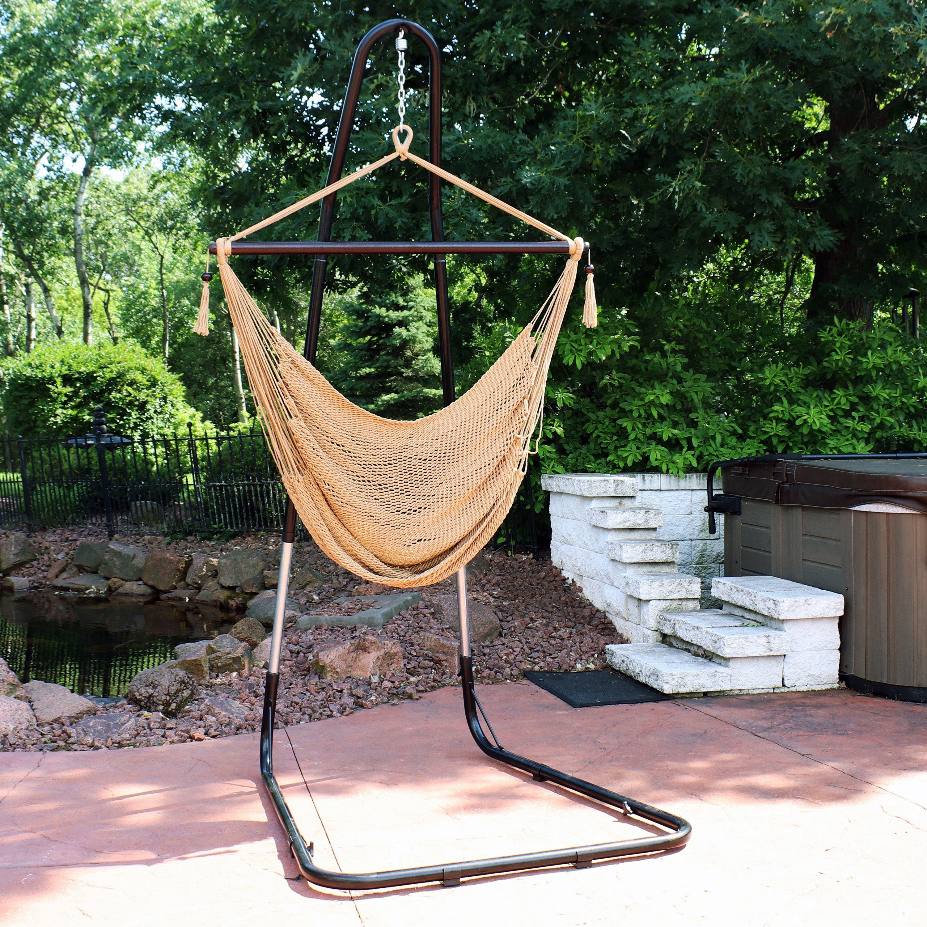  Sunnydaze Decor Caribbean Style Extra Large Hanging Rope Hammock Chair Swing with Adjustable Stand - Mocha - Bonton