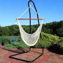 Cabo Style Extra Large Hanging Rope Hammock Chair Swing with Stand - 300 lb Weight Capacity - Cream