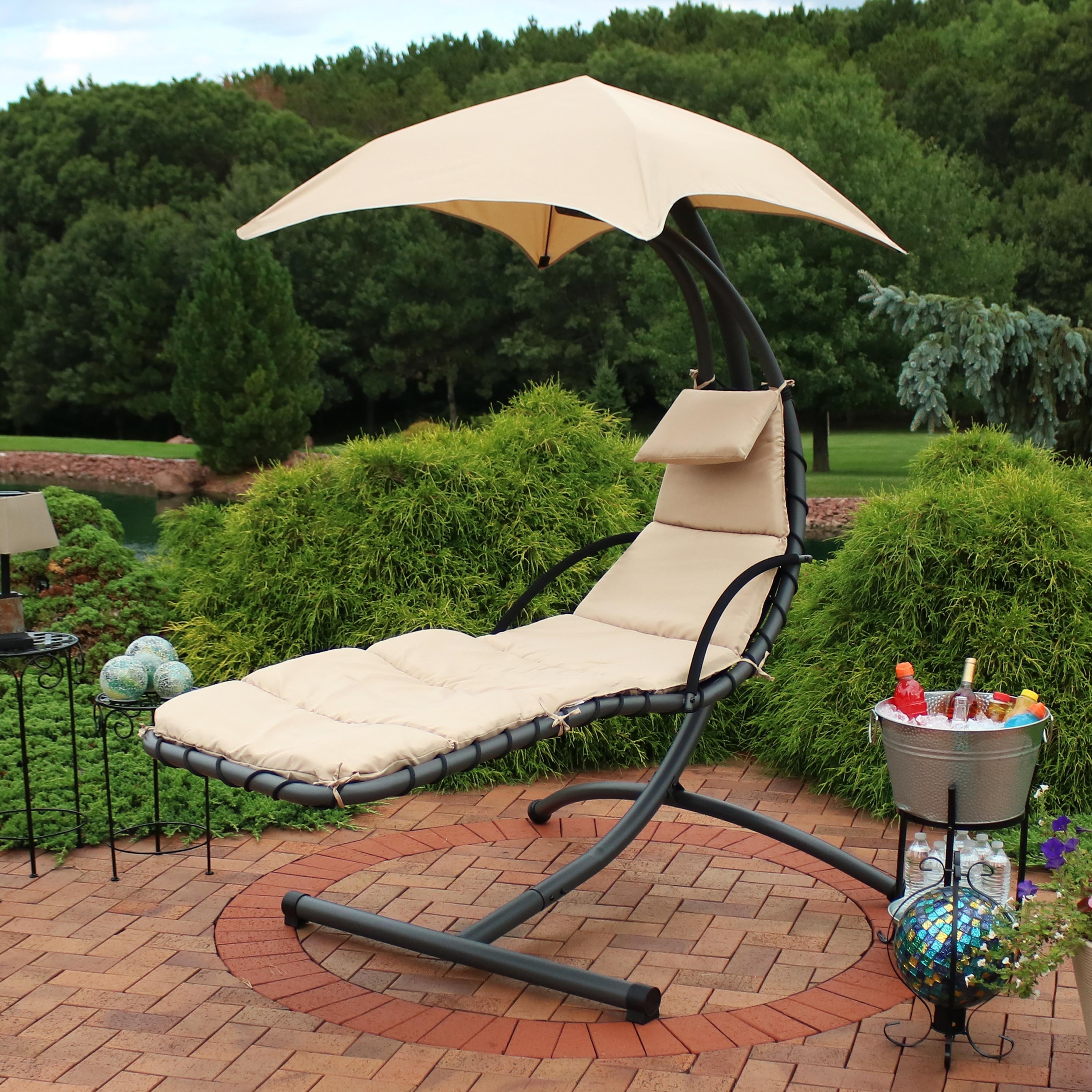  Sunnydaze Decor Hanging Chaise Floating Lounge Chair with Canopy Umbrella and Arc Stand - Beige - Bonton