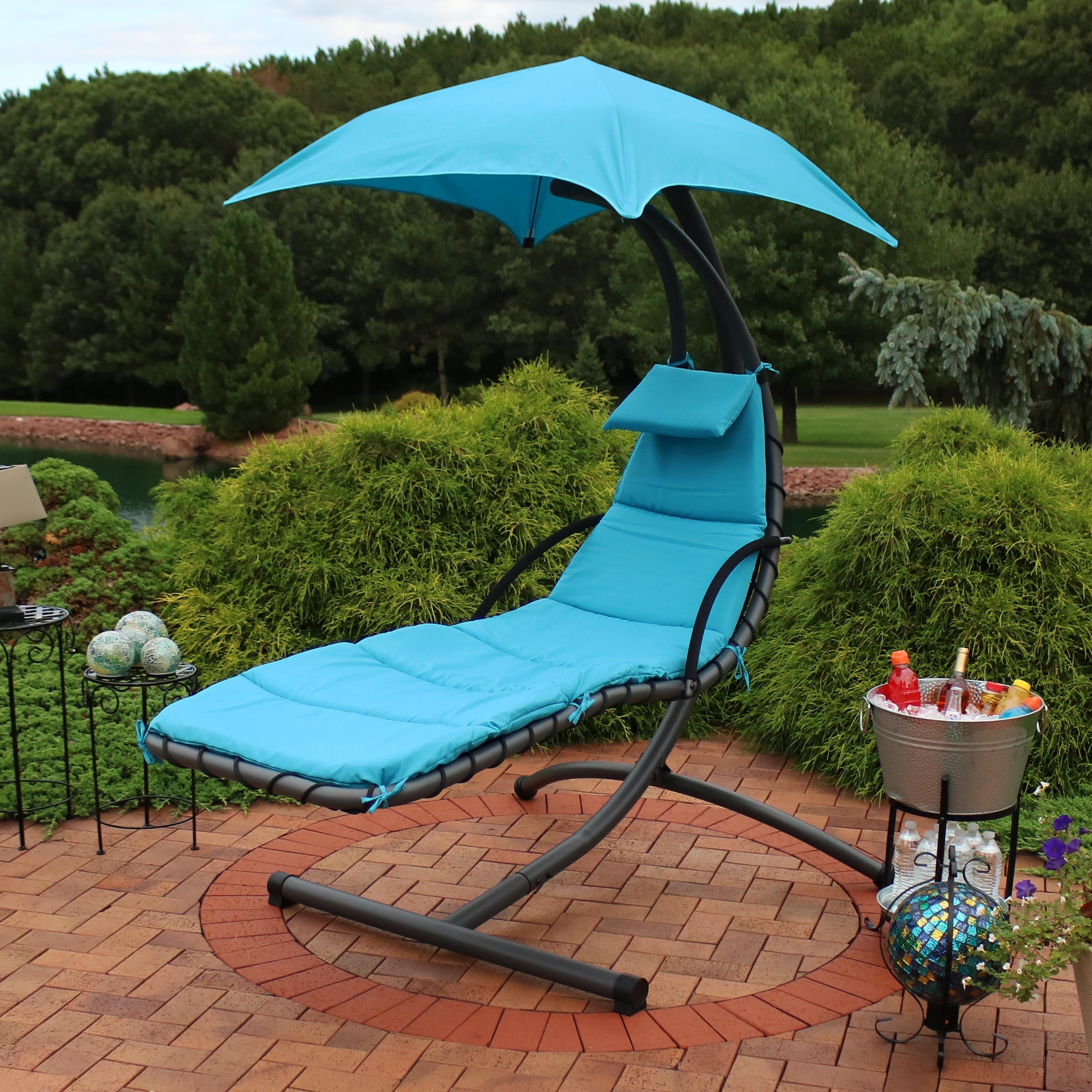  Sunnydaze Decor Hanging Chaise Floating Lounge Chair with Canopy Umbrella and Arc Stand - Teal - Bonton