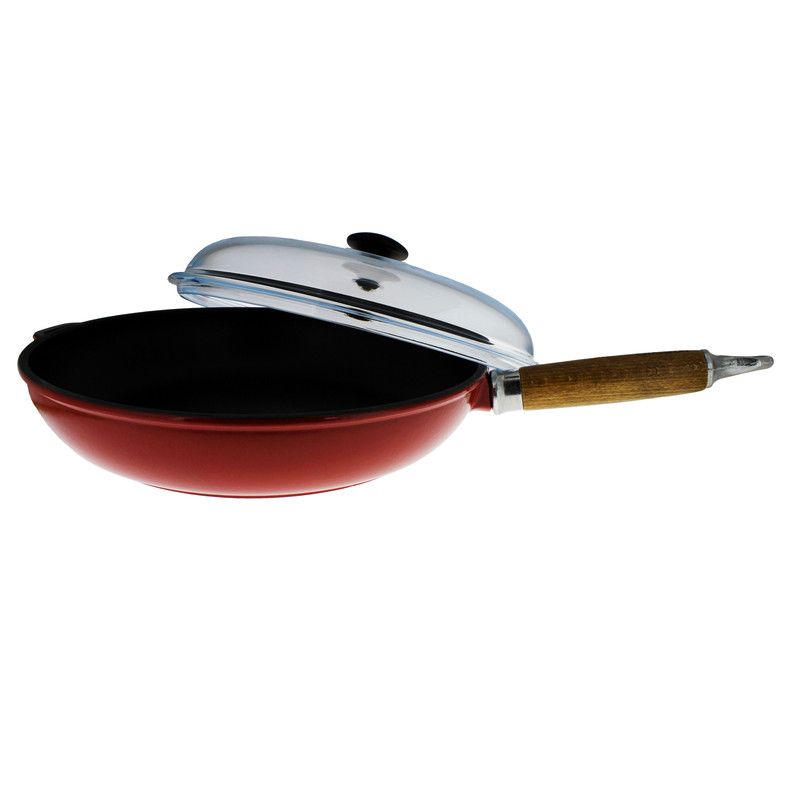  Chasseur French Enameled Cast Iron Fry Pan Wood Handle with Glass Lid - Red - Bonton