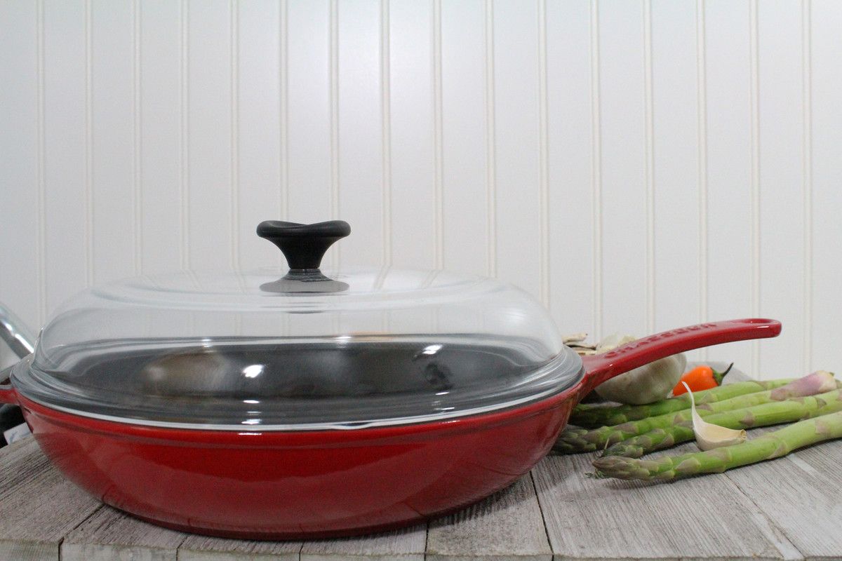  Chasseur French Enameled Cast Iron Fry Pan Cast Iron Handle with Glass Lid - Red - Bonton