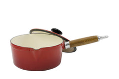 French Enameled Cast Iron Saucepan with Lid and Wood Handle