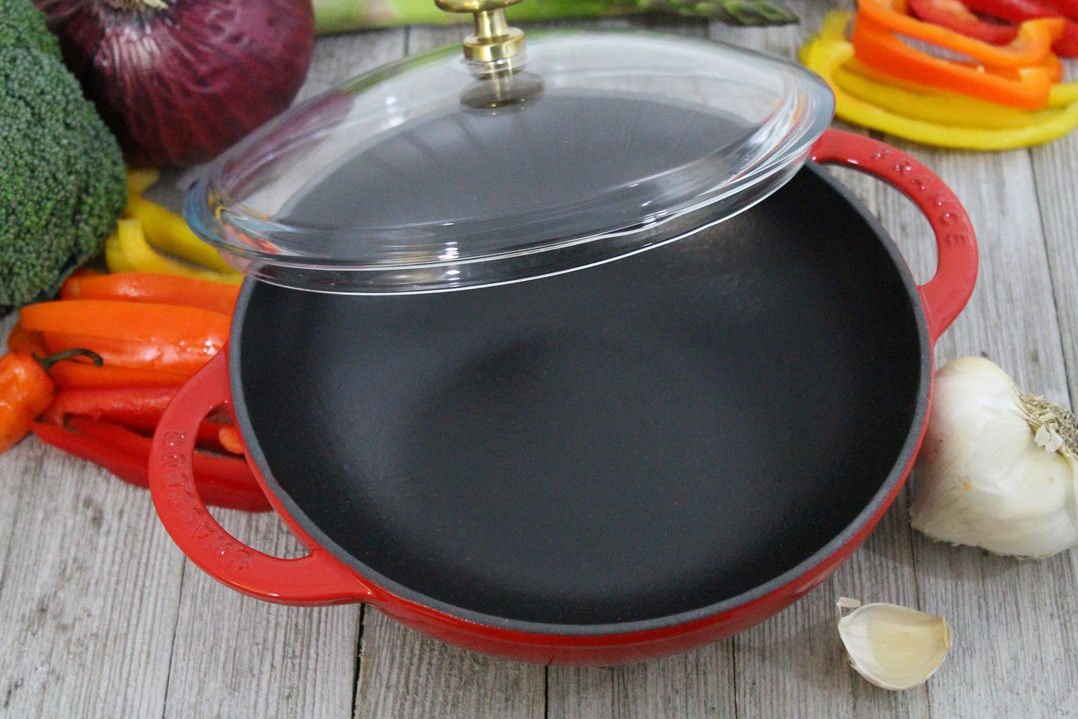  Chasseur French Enameled Cast Iron Wok With Glass Lid, 7-Inch Diameter, Red - Default Title - Bonton