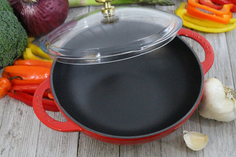 French Enameled Cast Iron Wok With Glass Lid, 7-Inch Diameter, Red