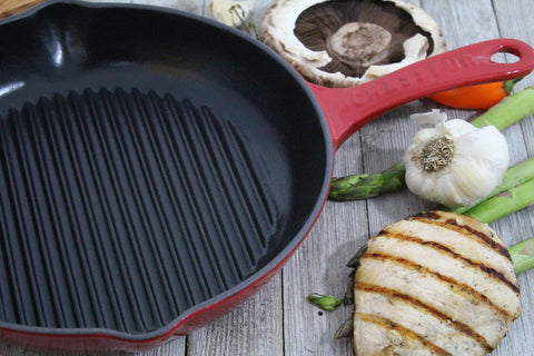 French Round Enameled Cast Iron Grill Pan, 10-Inch, Red