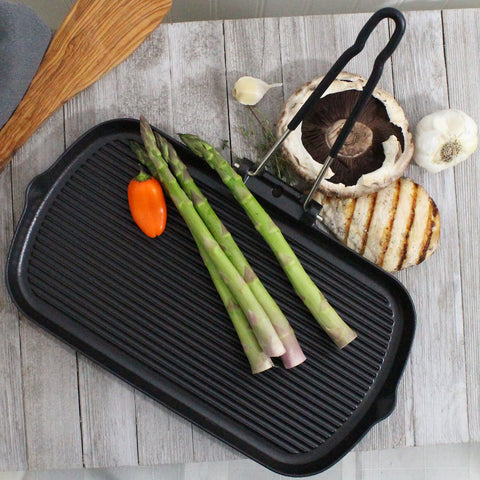 French Cast Iron Rectangle Grill With Folding Handle, 14-Inch, Black