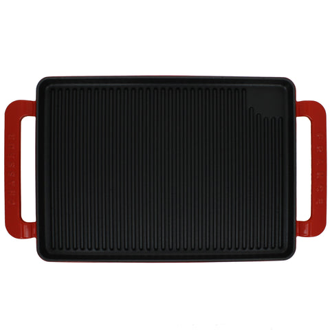 Flame Rectangular Enameled Cast Iron Grill Pan With Handles Red or Grey (CI_3360), 14-Inch