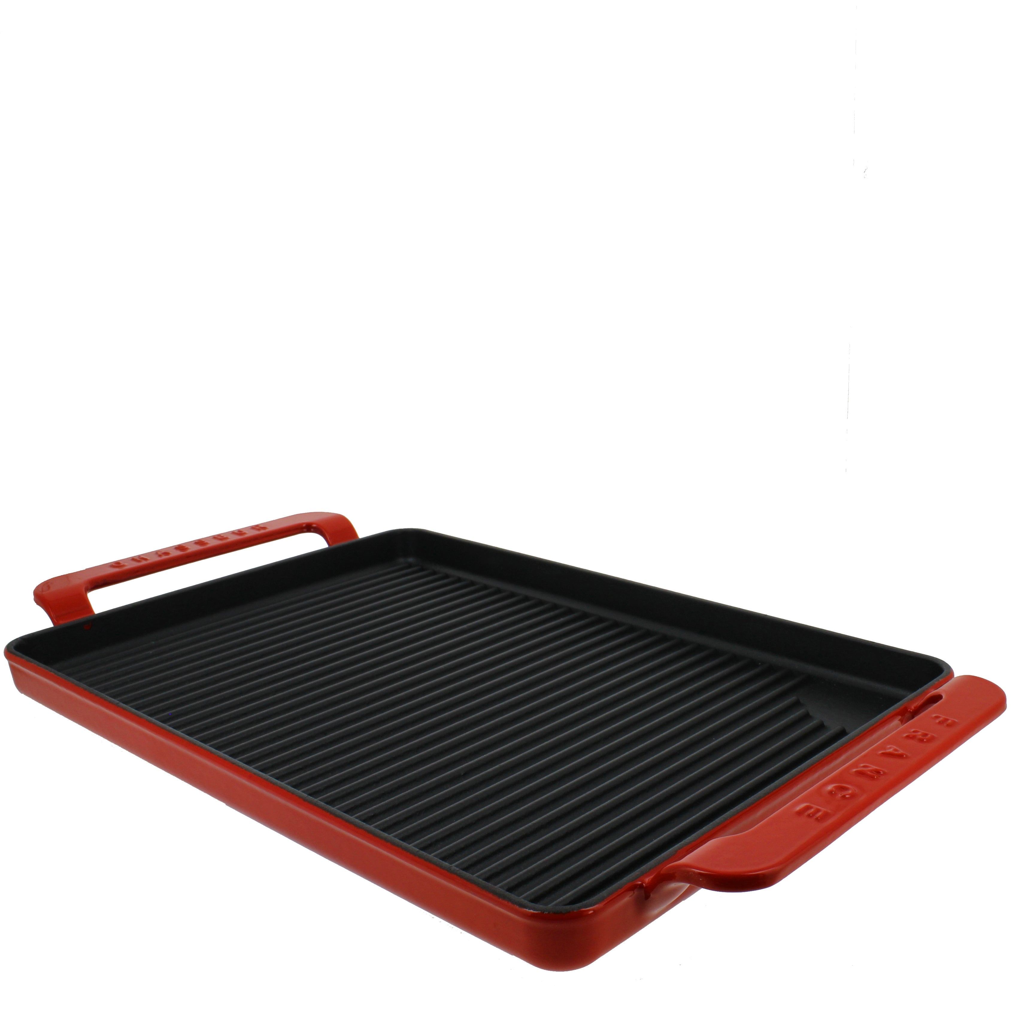  Chasseur Flame Rectangular Enameled Cast Iron Grill Pan With Handles Red or Grey (CI_3360), 14-Inch - Flame Red - Bonton